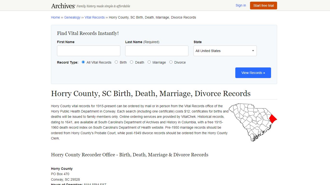Horry County, SC Birth, Death, Marriage, Divorce Records - Archives.com