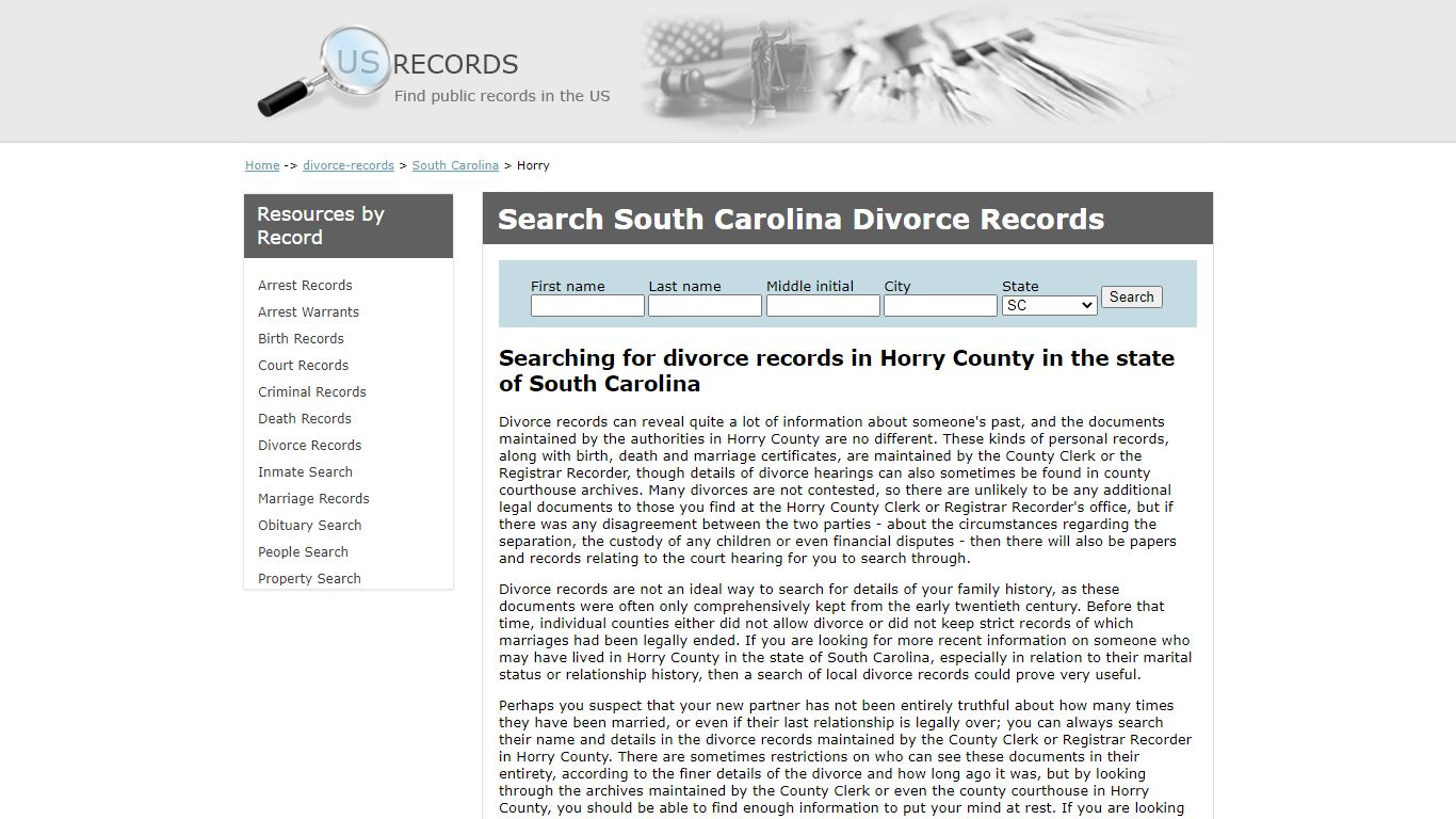 Search Divorce Records Horry South Carolina | US Records